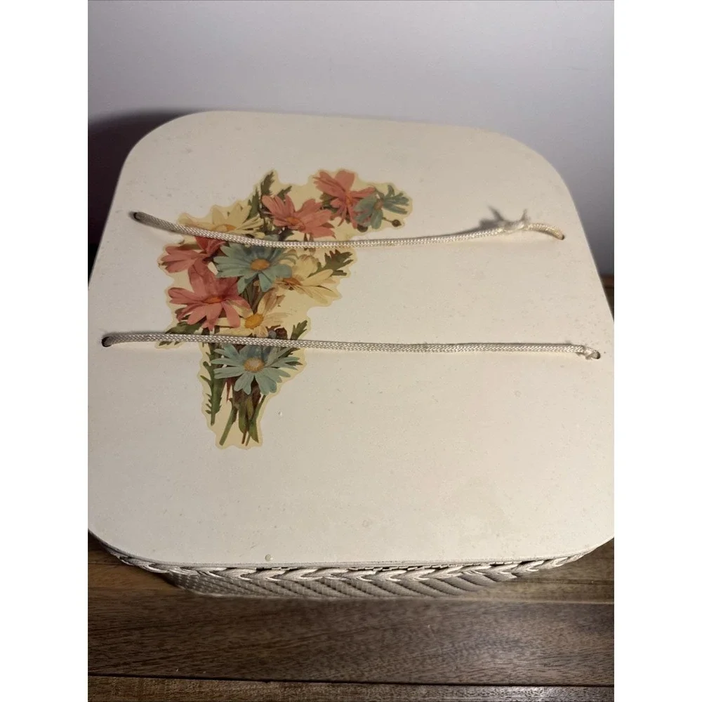 Vintage Unique 1950's Floral Wicker Square Sewing Box